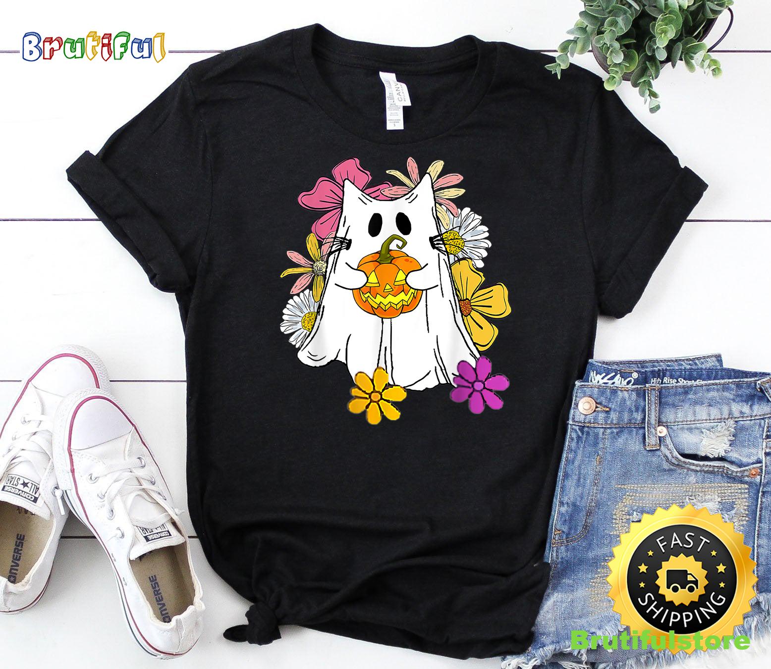 Vintage Floral Ghost Cat Halloween Graphic T Shirt