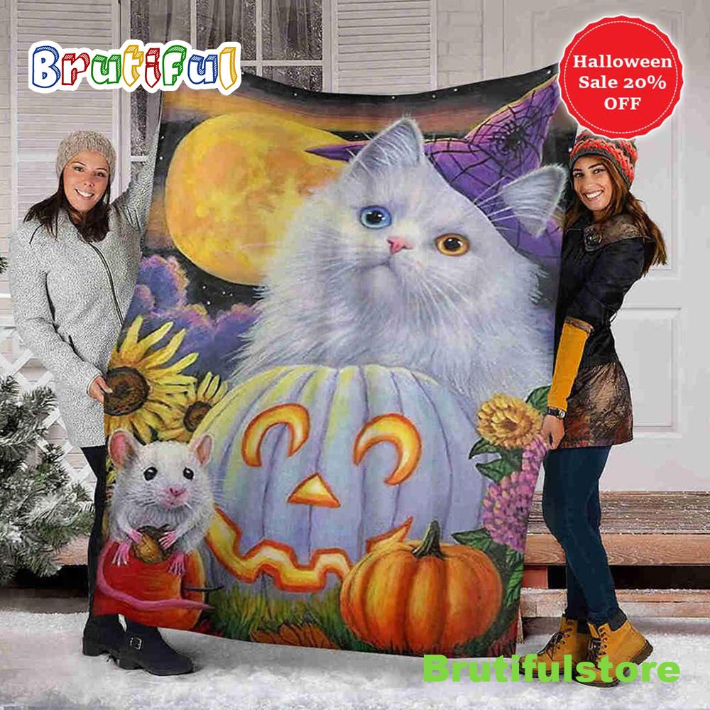 White Cat and Pumpkin Halloween Sofa Fleece Throw Blanket Halloween Gifts