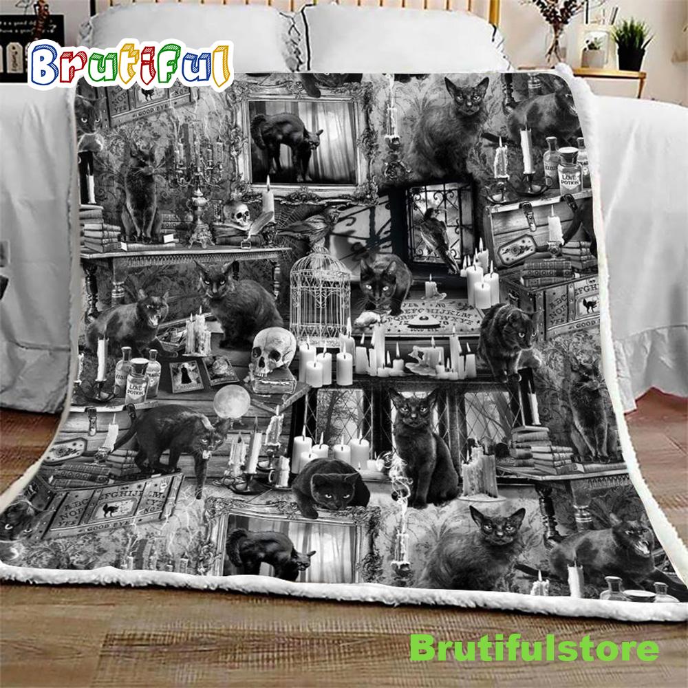 Wicked Black Cats in Haunted Houses Halloween Sofa Fleece Throw Blanket