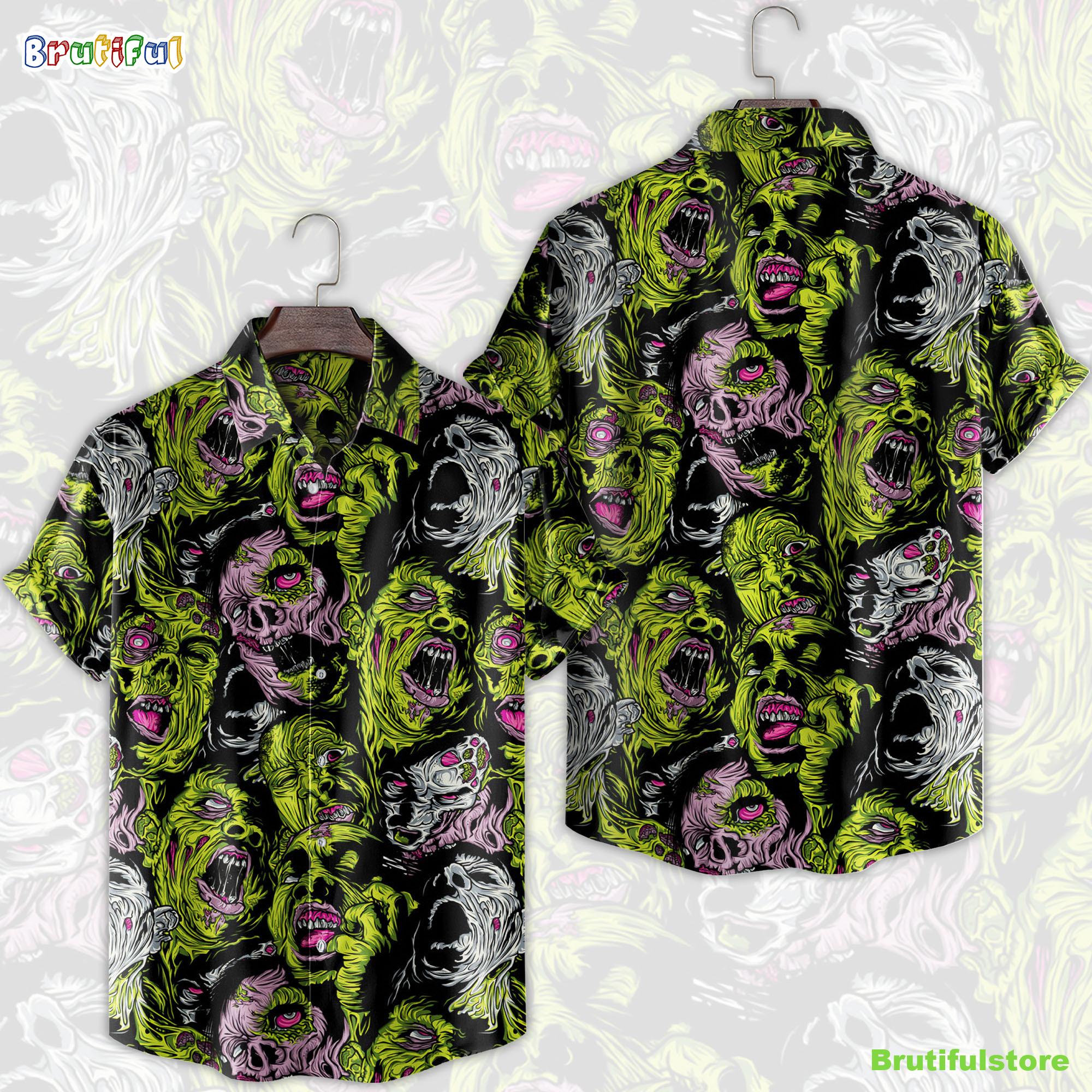 Zombie Head Green Mucus Horror Movie Halloween All Over Print 3D Hawaiian Shirt