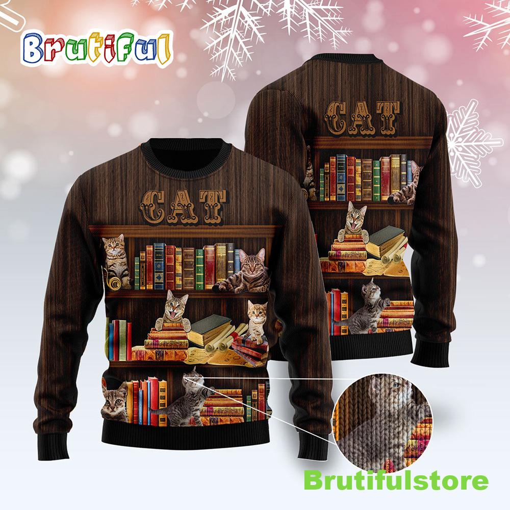 Cat Bookcase Ugly Christmas Sweater - Gift For Christmas