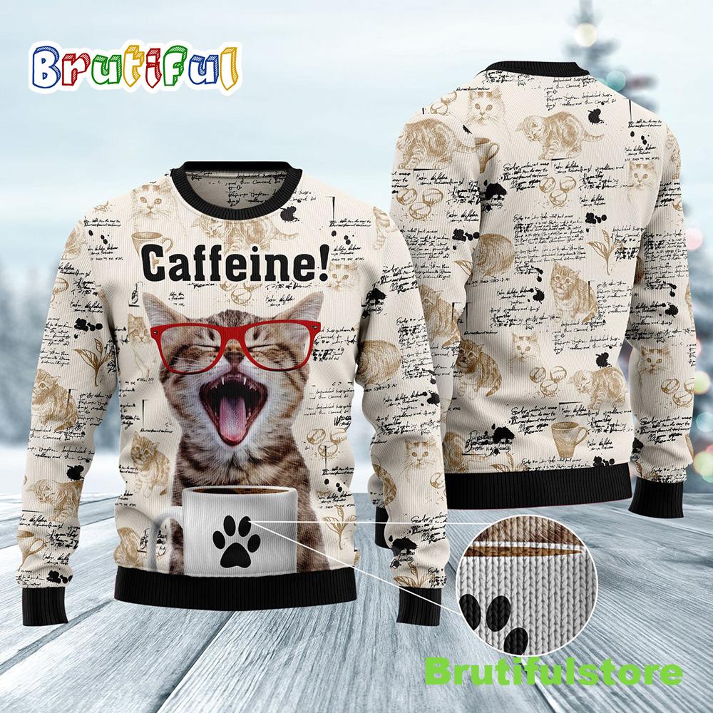 Cat Caffeine Ugly Christmas Sweater - Unisex Sweater Christmas Outfit