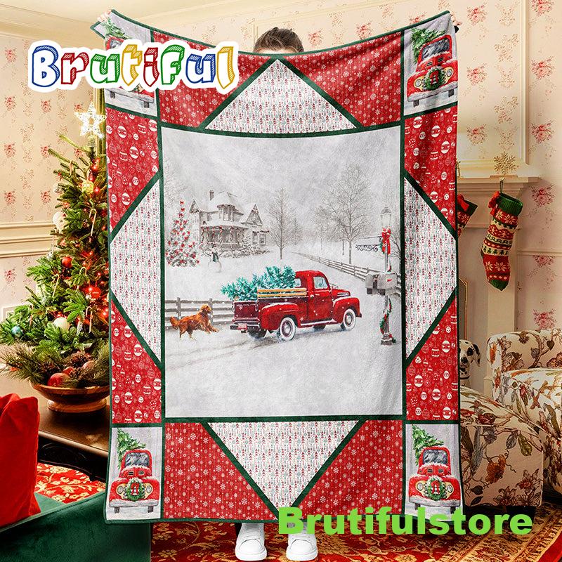 Red Truck And Dog Christmas Blanket