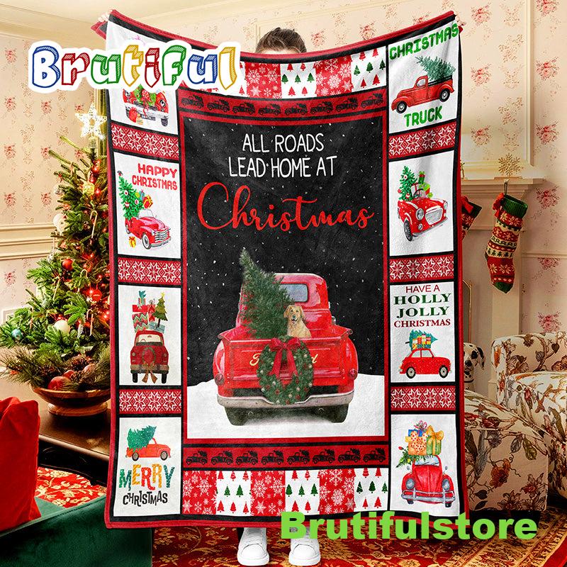 Red Truck Loaded With Christmas Tree Christmas Blanket