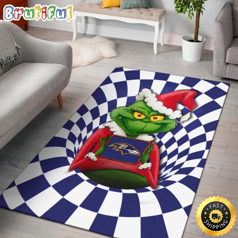 American Football Team Grinch Wearing Santa Clothes Holding Baltimore Raven Grinch Rug