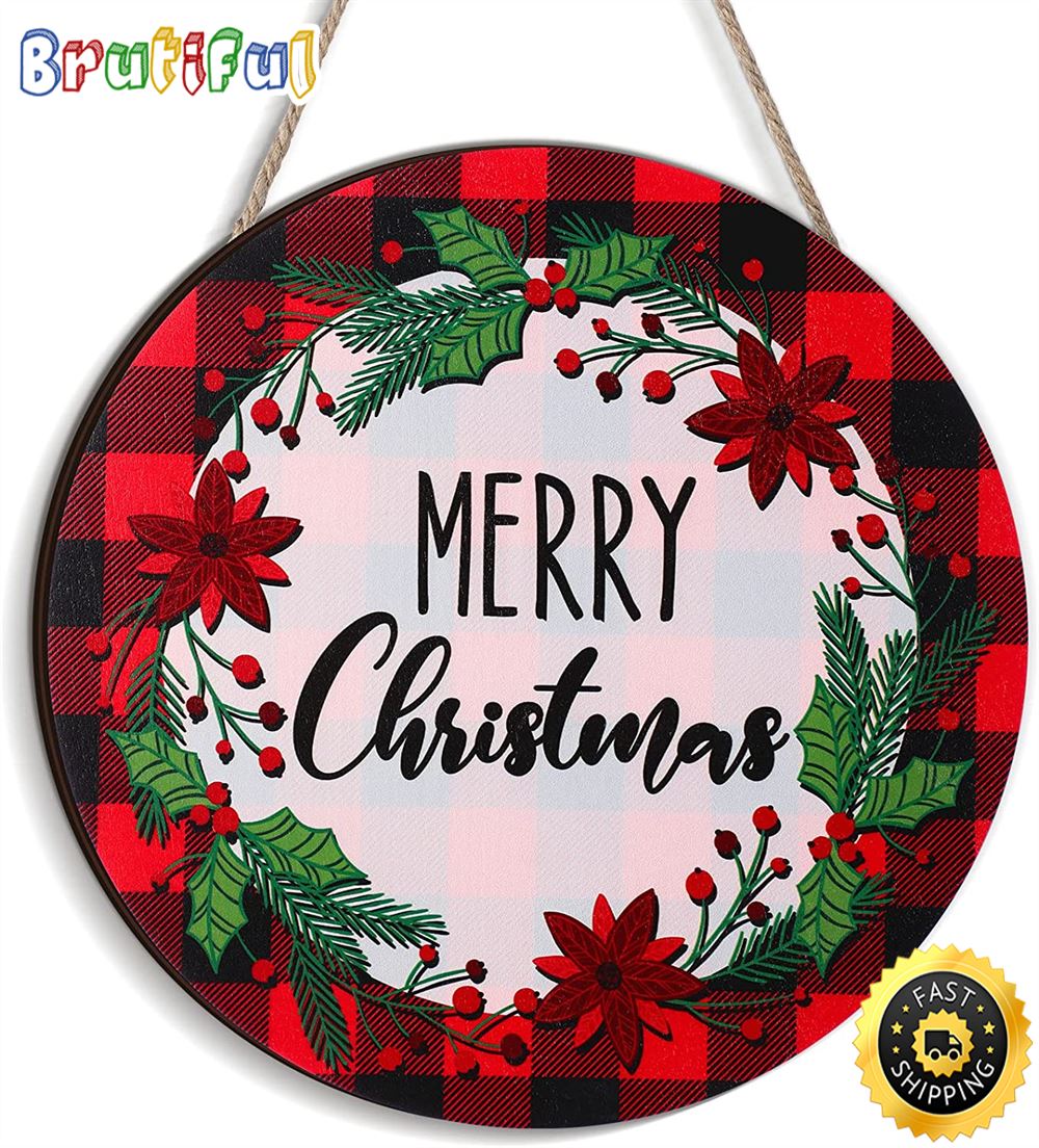 Christmas Buffalo Plaid Hanging For House Door Merry Christmas Sign