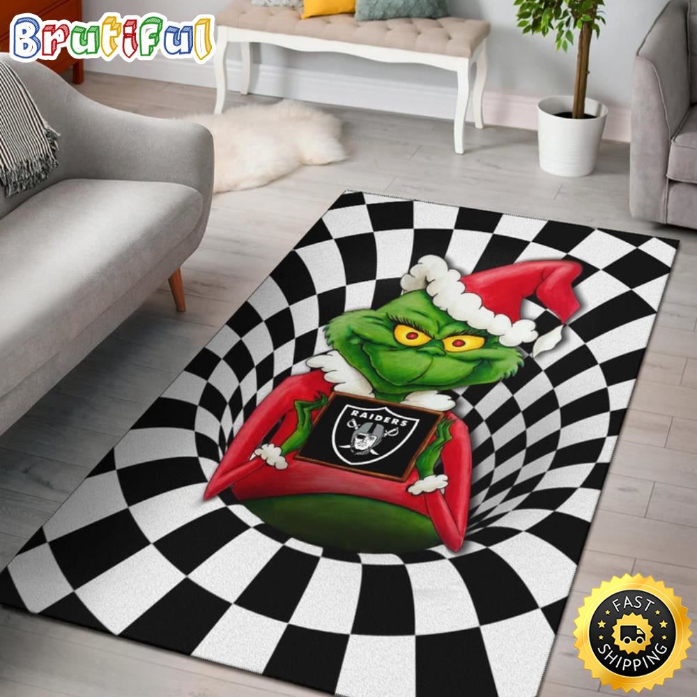 Grinch Wearing Santa Clothes Holding Raiders Grinch Area Rug