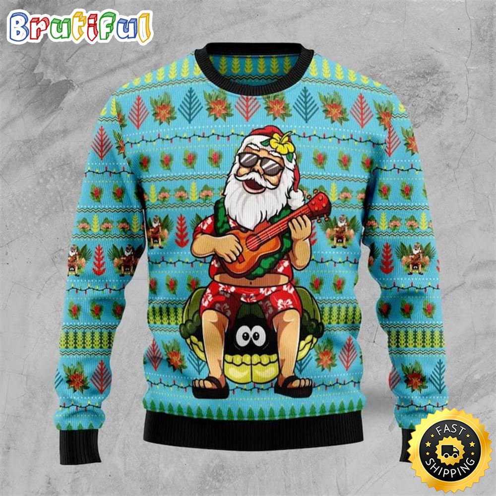 Hawaiian Xmas Santa Playing Ukulele And Turtle Sweater 1