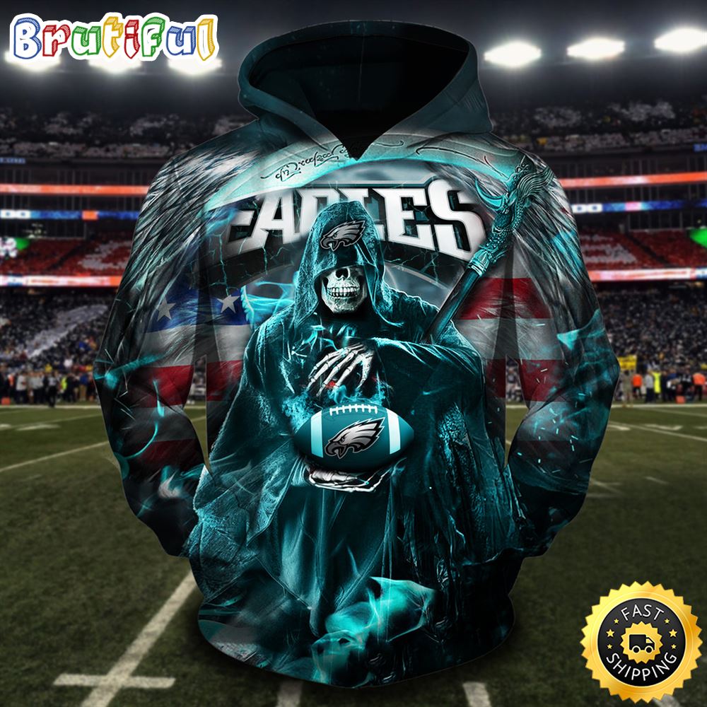 NFL.Eagles Pullover Death Holding Football 3D Hoodie All Over Print Shirt
