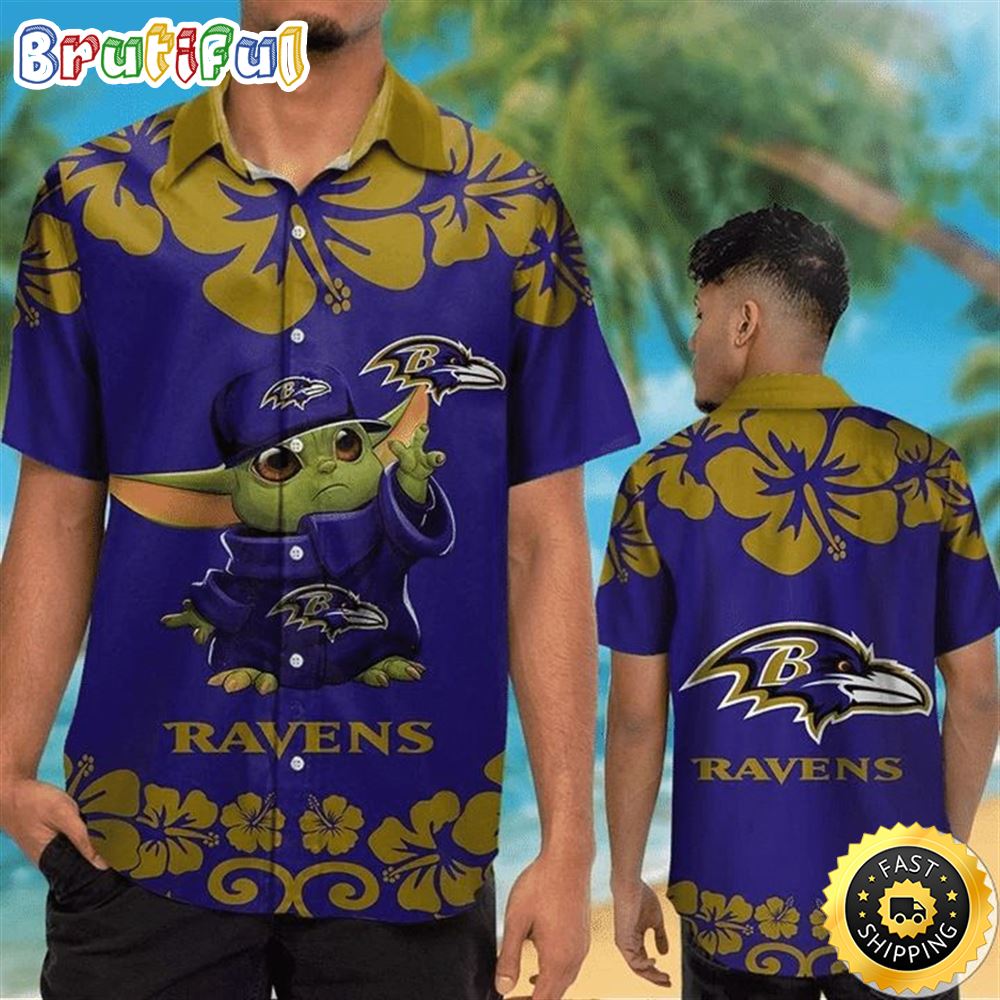 NFL Baltimore Ravens Baby Yoda Purple Hawaiian Shirt