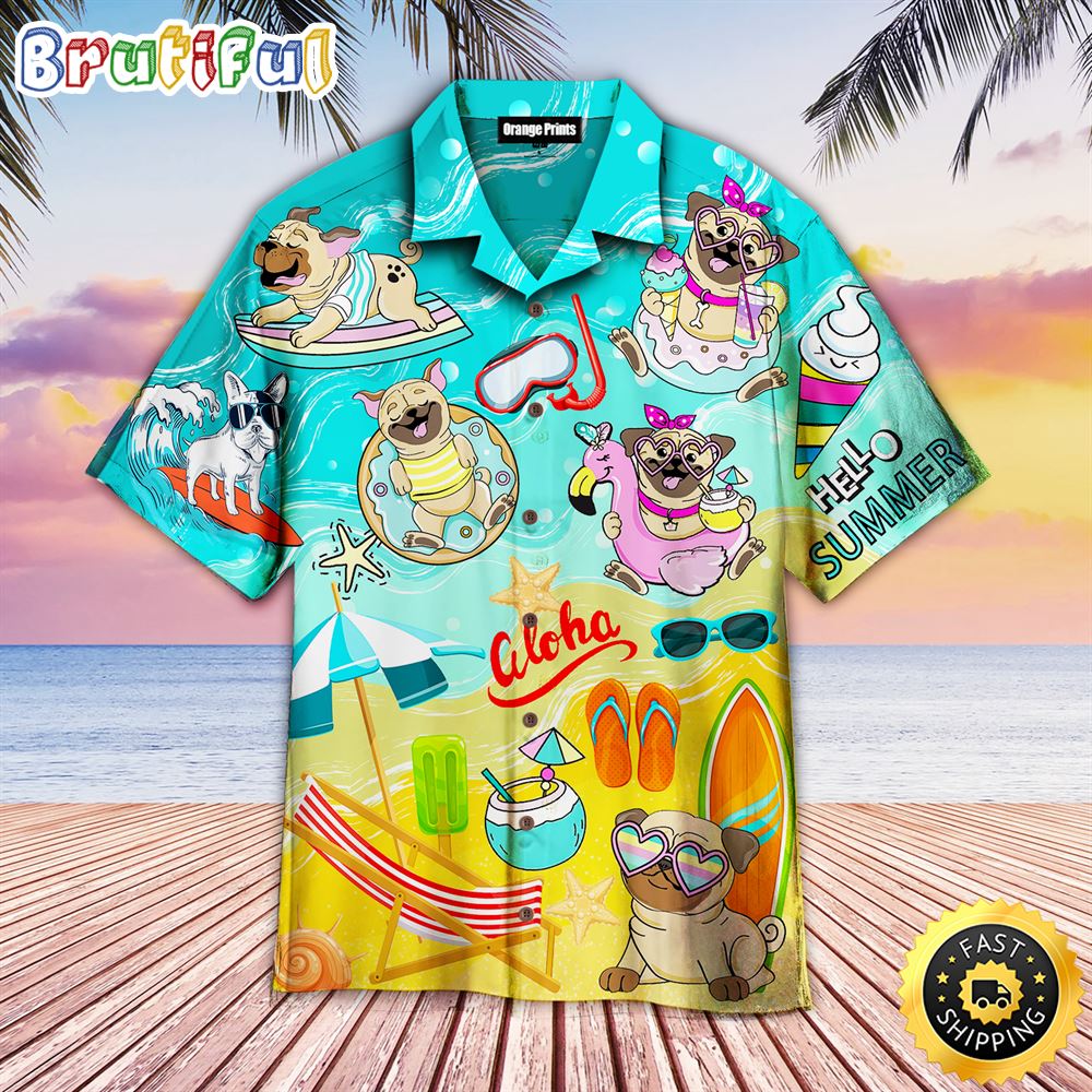Pug Dogs Beach Hello Summer Dog Hawaiian Shirt Mens Hawaiian Shirt Gifts For Dog Lovers 1