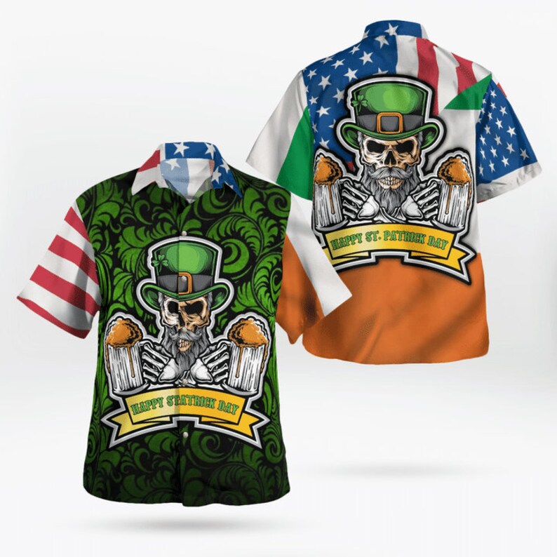 American Irish Flag St Patrick Day Skull Beer Patricksday Gifts Aloha Hawaiian Shirts 1