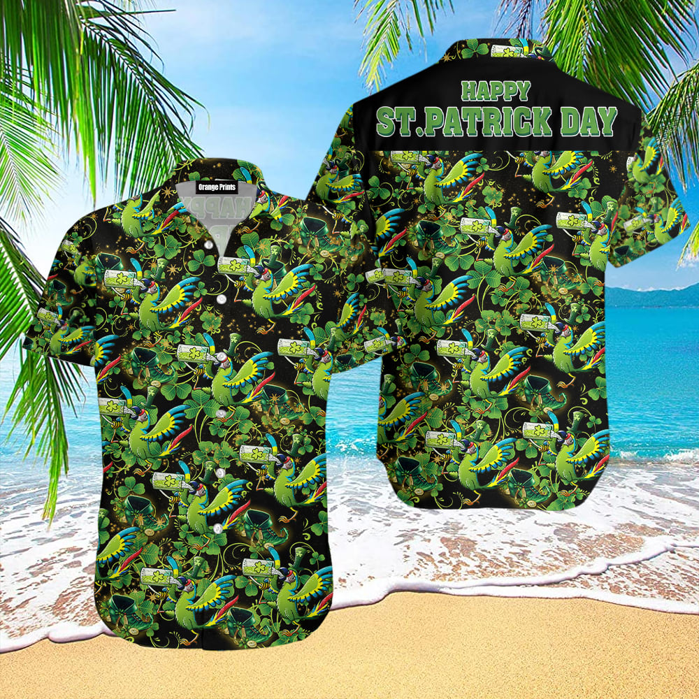 Exotic Green Macaw St Patrick Day Aloha Hawaiian Shirt Beachwear For Men St Patrick s Day Gifts 1