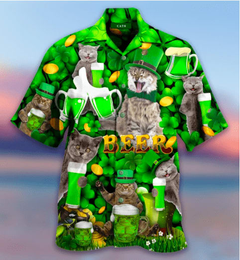 Funny Cat With Beer On Saint Patrick s Day Patricksday Gifts Aloha Hawaiian Shirts 1