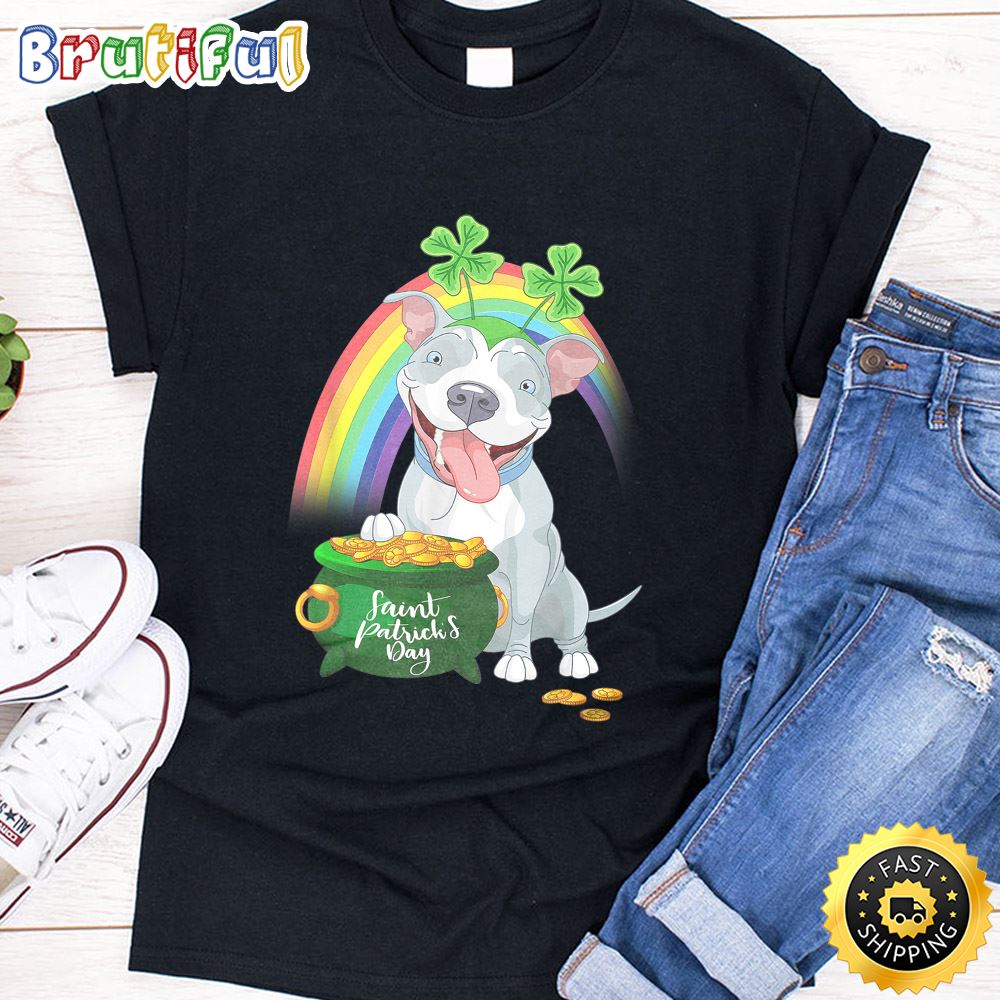 Pitbull Dog Irish Leprechaun Rainbow Saint St Patrick Day T Shirt