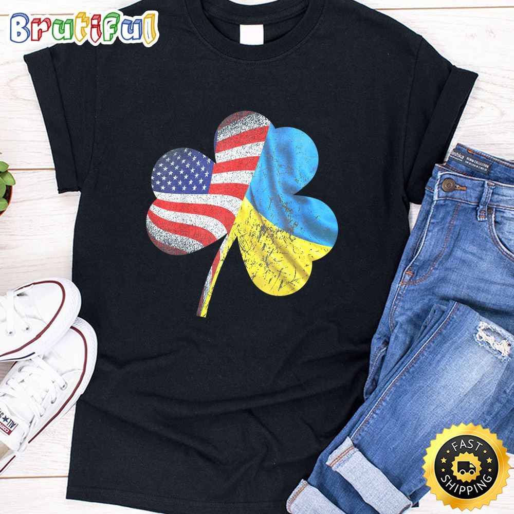 Shamrock American Flag With Ukraine Flag St. Patrick Day T Shirt