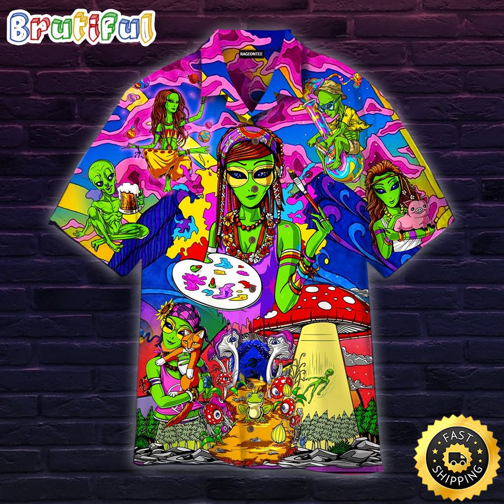 Alien In The World Of Mushrooms Hippie Hawaiian Shirt Beachwear For Men Gifts For Young Adults 1 mlrsjg