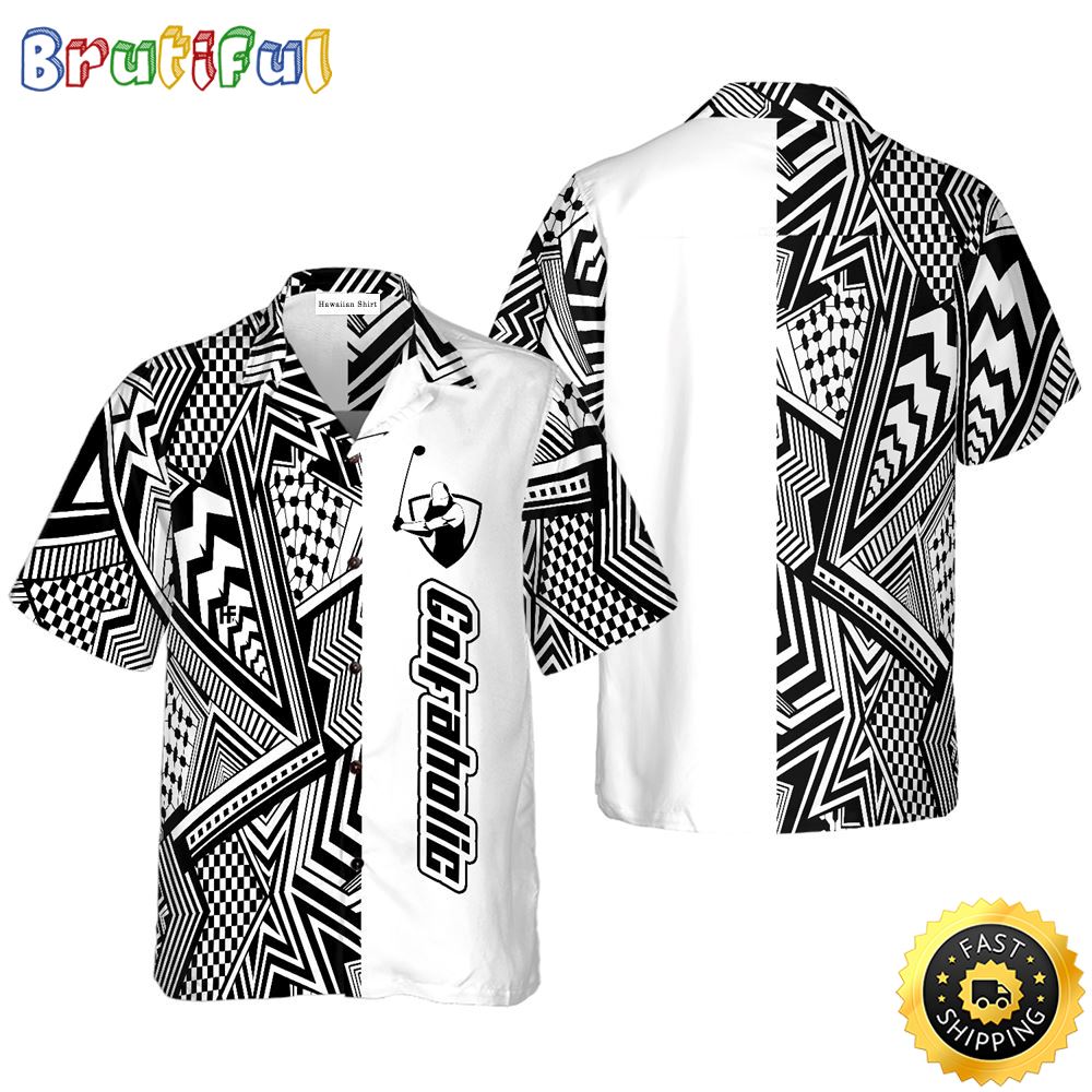 Black and White Modern Pattern Golfaholic Hawaiian Golf Shirt For Sport Lovers In Summer wqpbc1