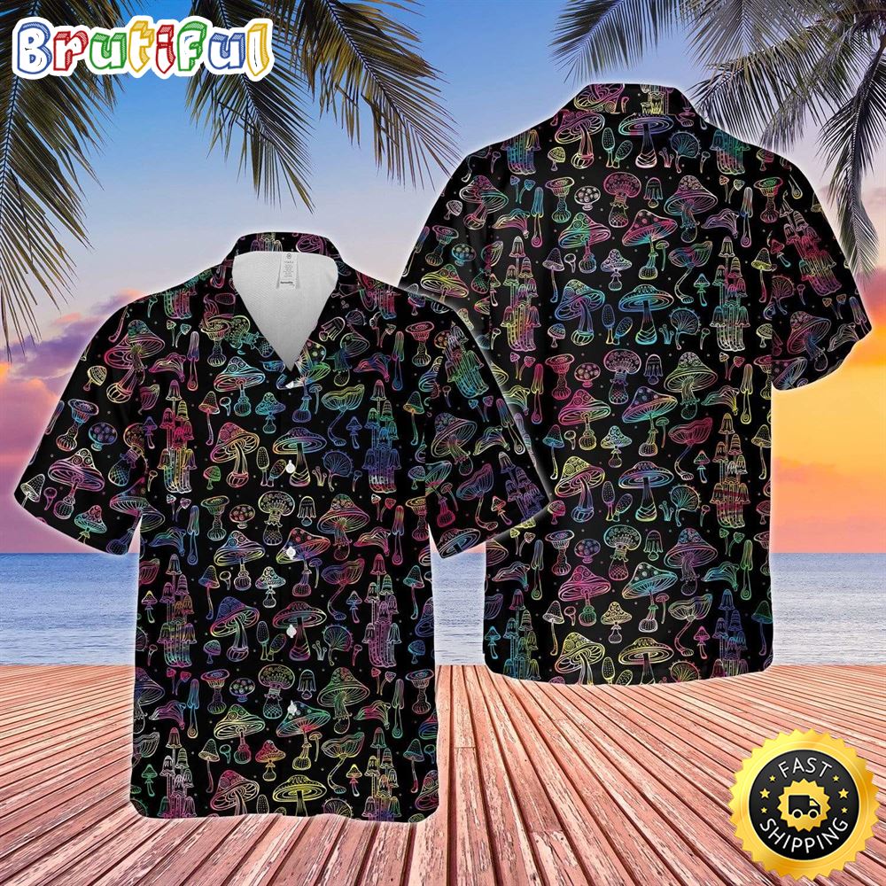 Hologram Mushroom Black Hippie Hawaiian Shirt Beachwear For Men Gifts For Young Adults 1 zyim0s