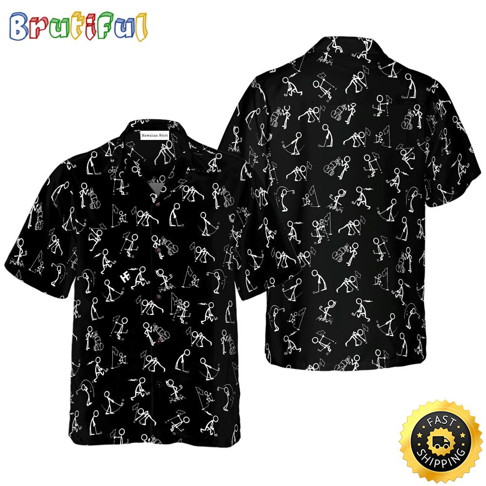 Stickfigures Playing Golf On Black Background Hawaiian Golf Shirt For Sport Lovers In Summer ve2ky3