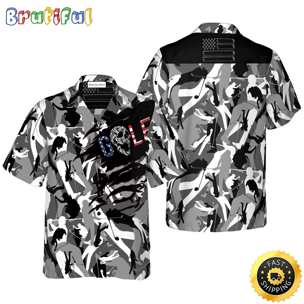 Tattered BnW Camouflage Golf Hawaiian Golf Shirt For Sport Lovers In Summer yvhpu7