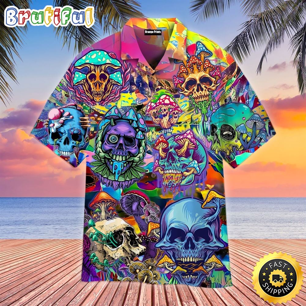 Colorful Happy Hippie Summer Funny Mushroom Skull Aloha Hawaiian Shirts kiyaak