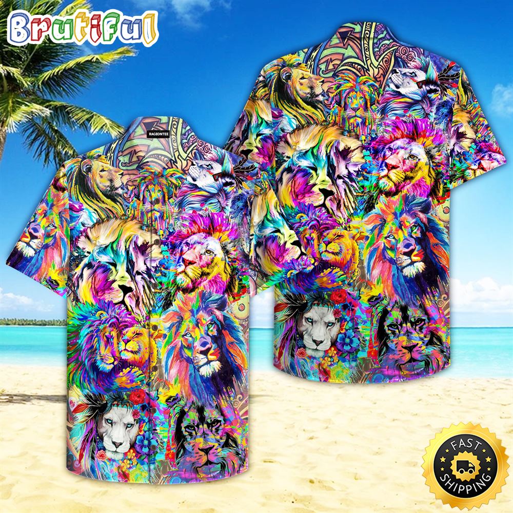 Colorful Hippie Summer Funny Lion Aloha Hawaiian Shirt yafd2w