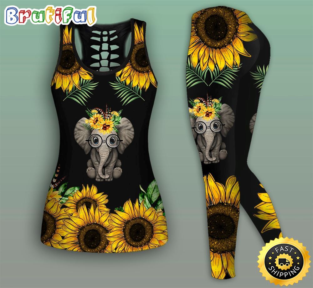 Elephant Sunflower Hollow Tanktop Legging Set Outfit Women s Workout Clothing Activewear 1 ryfbl4