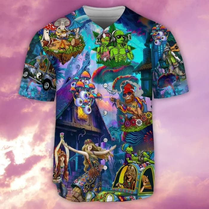 Hippie Alien Skull Mushroom Peace Life Color Baseball Jersey cni1ex