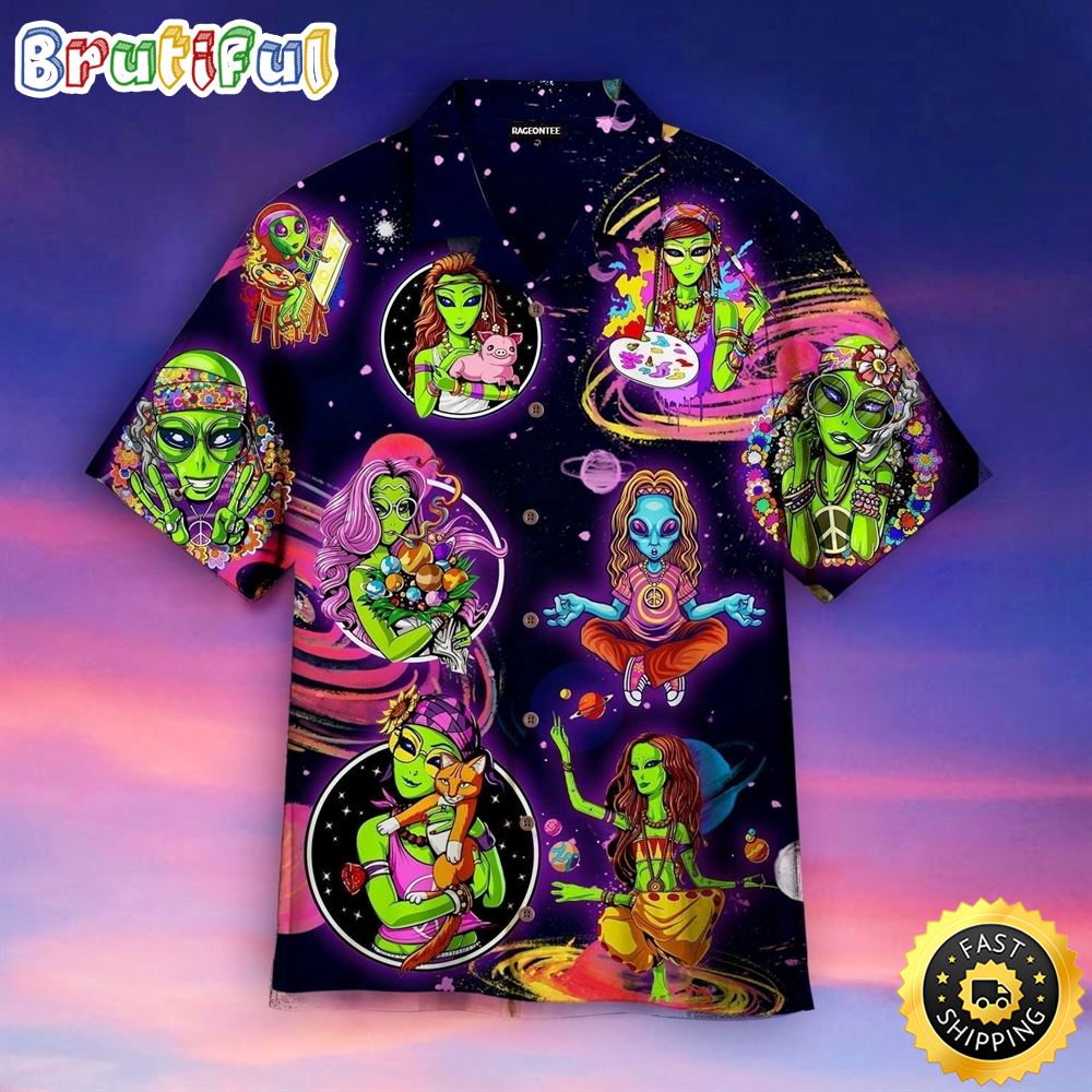 Hippie Summer Funny Alien Aloha Hawaiian Shirt rowsc4