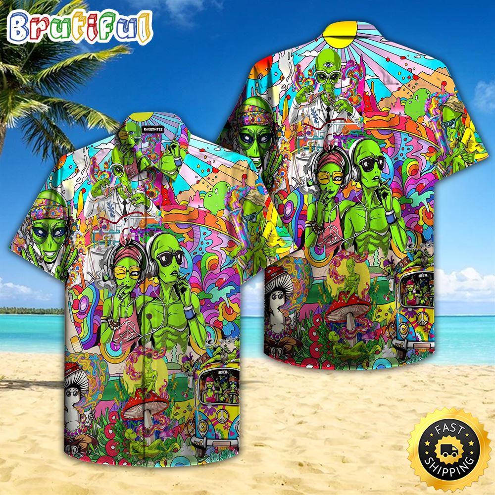 Hippie Summer Funny Alien Green Peace Life Aloha Hawaiian Shirt fwxgug