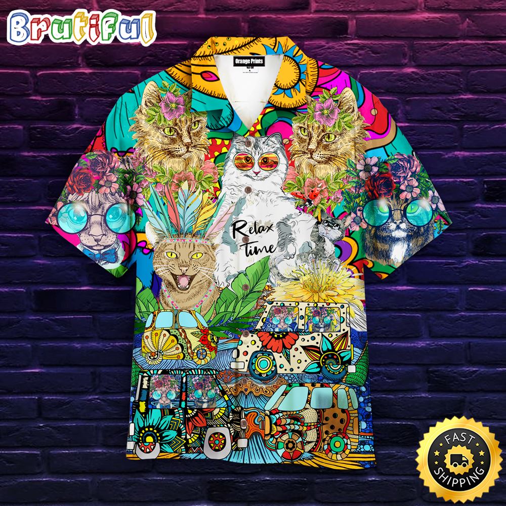 Hippie Summer Funny Cats Peace Life Color Aloha Hawaiian Shirts t7ayk7