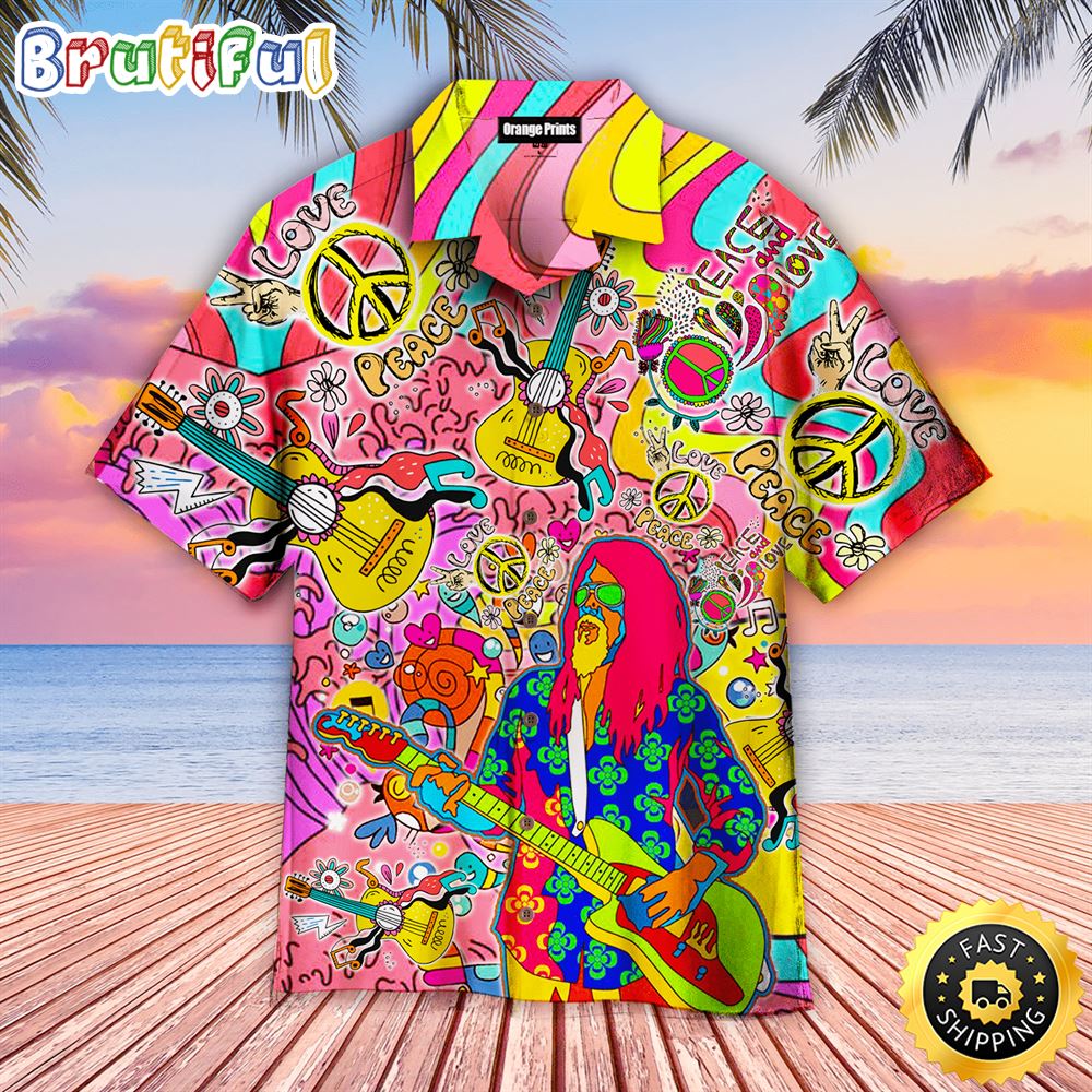 Hippie Summer Funny Guitar Colorful Aloha Hawaiian Shirts m33mpy