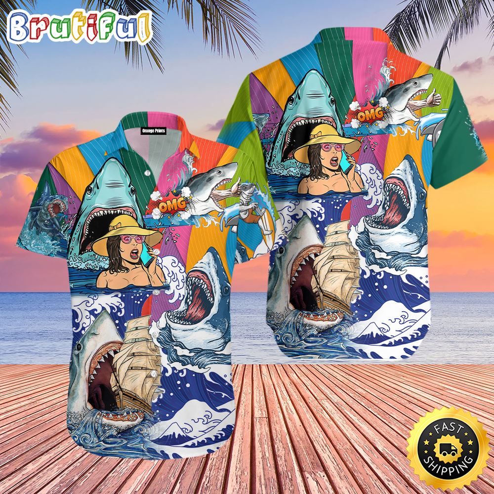 Hippie Summer Funny Sharks On Sea Aloha Hawaiian Shirts hlpr3u