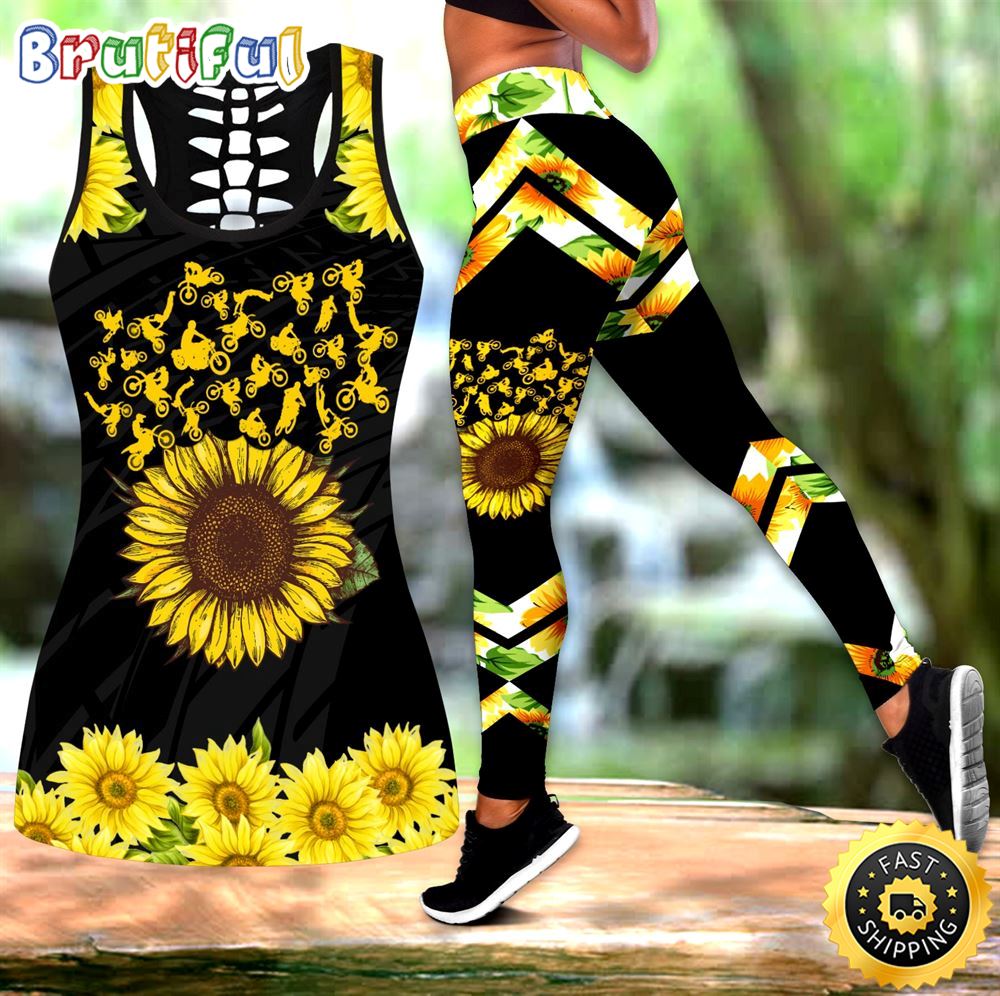 Motorbycle Sunflower Hollow Tanktop Legging Set Outfit Women s Workout Clothing Activewear 1 nbbhmf