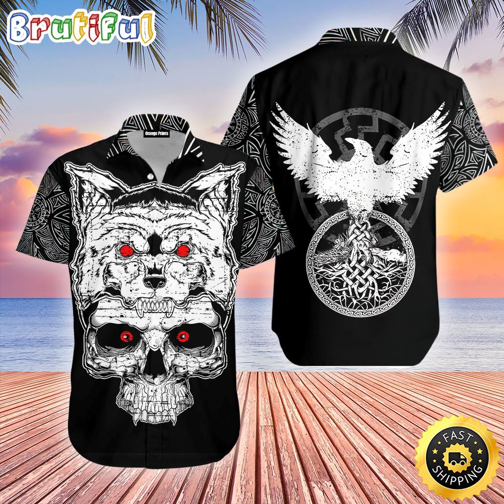 Fenrir Viking And Eagle Skull Hawaiian Shirt Short Sleeve Hawaiian Shirt Viking Gifts For Him 1 wzi4mr