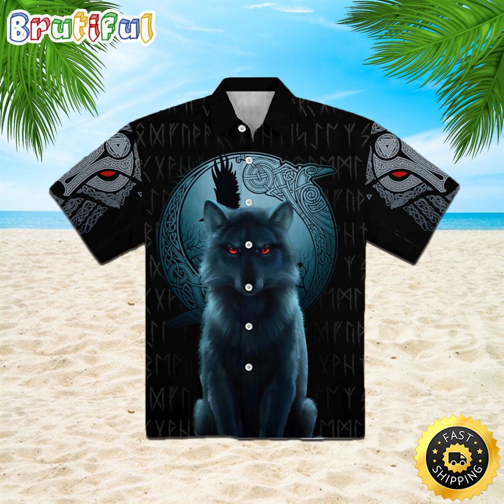 Fenrir Viking Wolf And Moon Hawaiian Shirt Short Sleeve Hawaiian Shirt Viking Gifts For Him 1 ege8xf