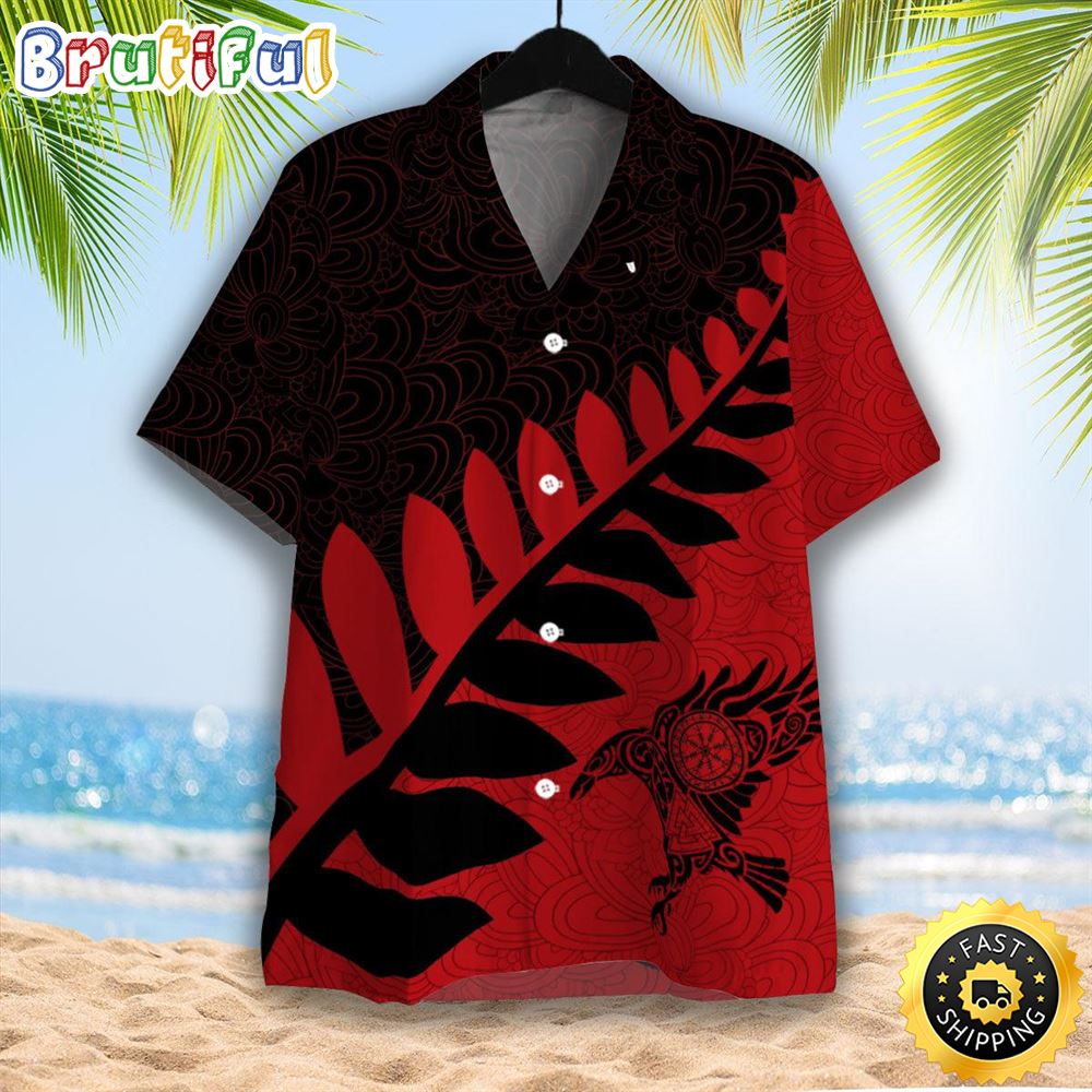 Raven Viking Leaf Red Black Pattern Hawaiian Shirt Short Sleeve Hawaiian Shirt Viking Gifts For Him 1 gkv0cq