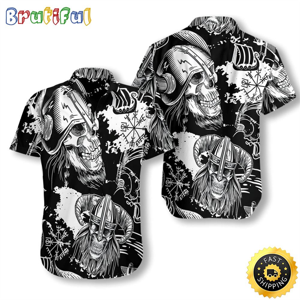 Seamless Pattern Skull In Viking Helmets Hawaiian Shirt Short Sleeve Hawaiian Shirt Viking Gifts For Him 1 acanc7