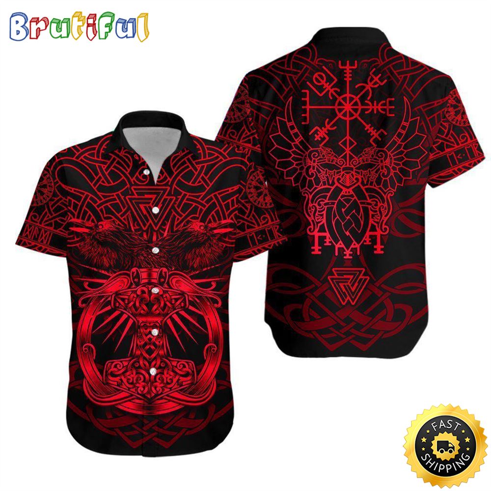 Viking Mjolnir Celtic Raven Version Red Hawaiian Shirt Short Sleeve Hawaiian Shirt Viking Gifts For Him 1 bebqtr