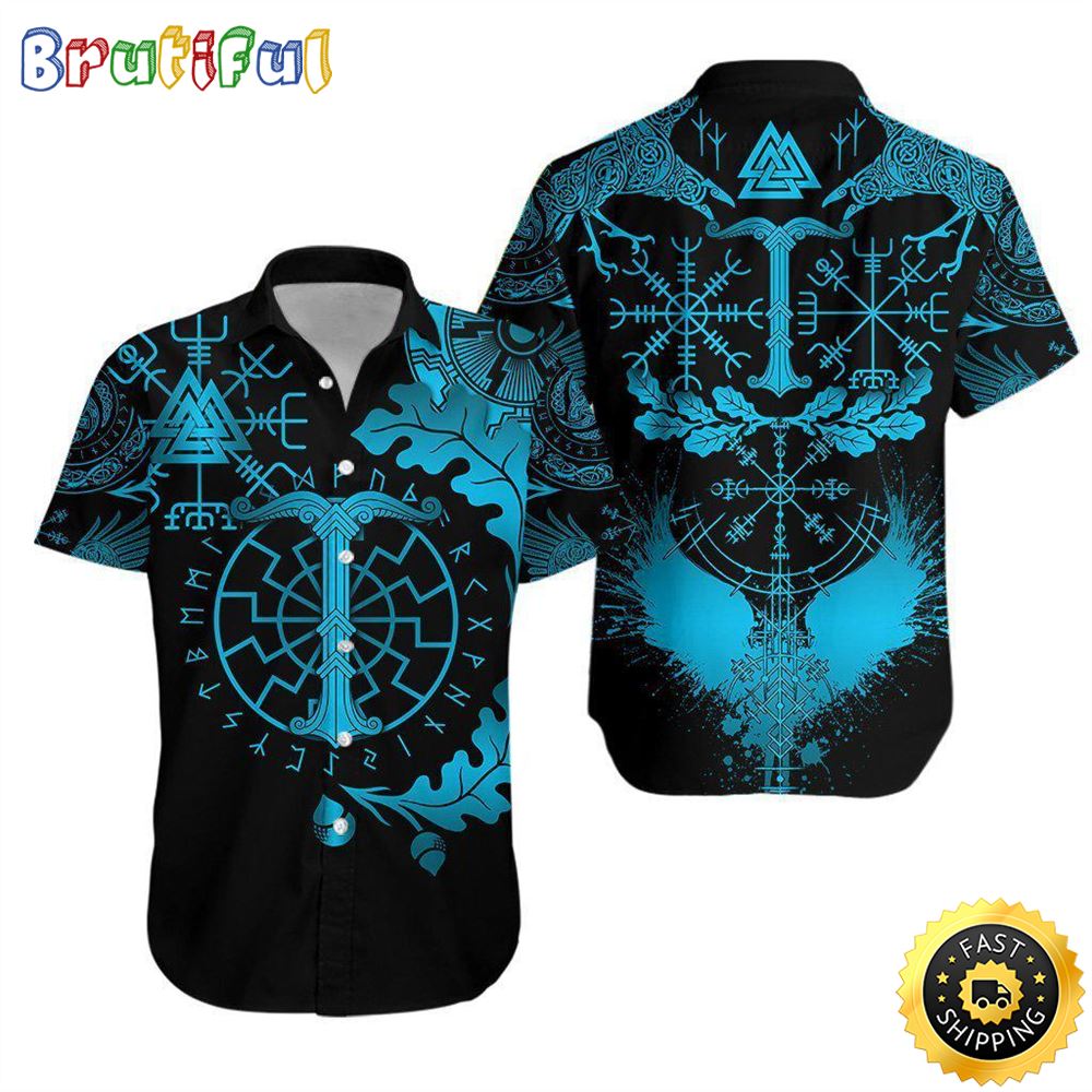Viking Oak Leaf Valknut Vegvisir With Irminsul Hawaiian Shirt Short Sleeve Hawaiian Shirt Viking Gifts For Him 1 ratwkc