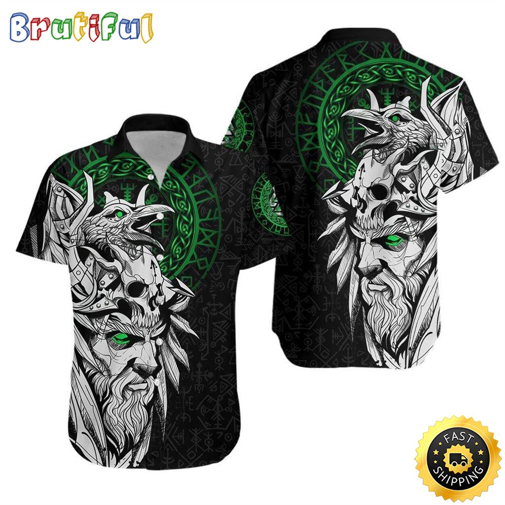 Viking Odin And Raven Green Hawaiian Shirt Short Sleeve Hawaiian Shirt Viking Gifts For Him 1 fzhnos