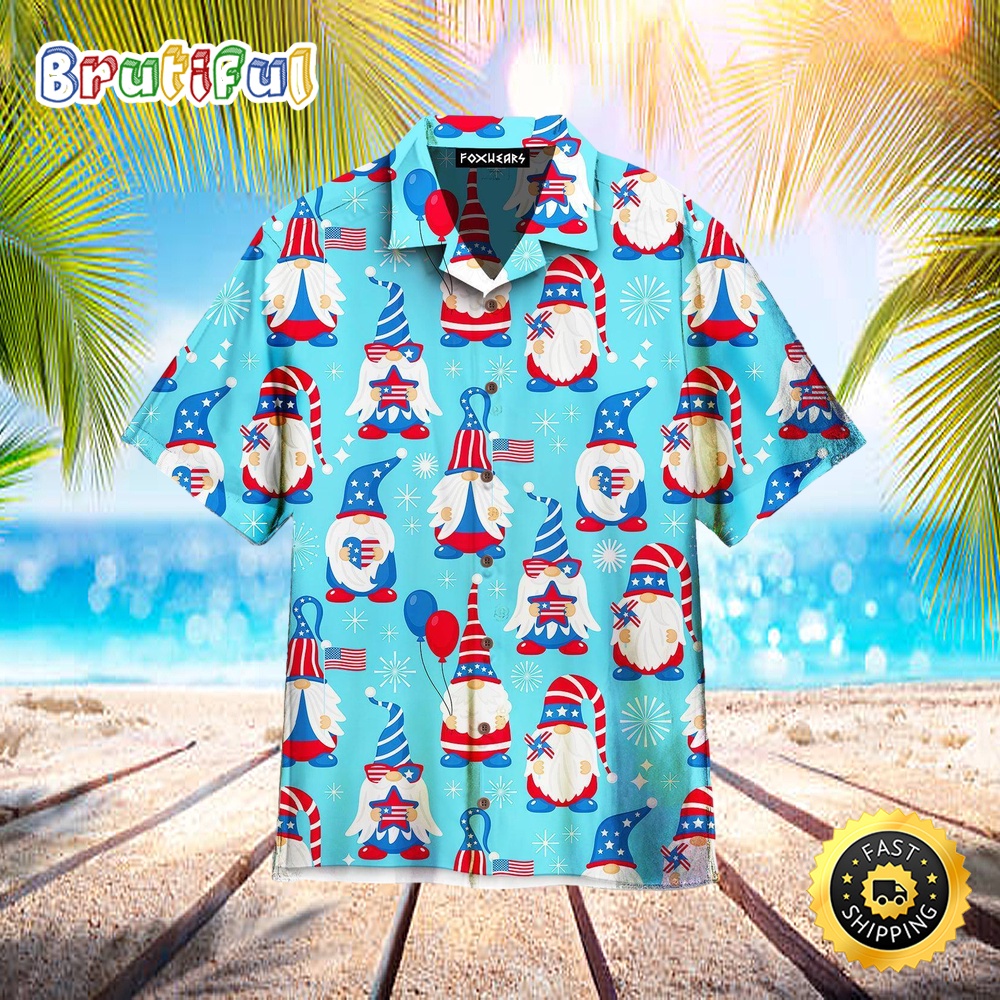 4th Of July Cute Patriotic Usa Gnomes Hawaiian Shirt Beachwear For Men fszhzd
