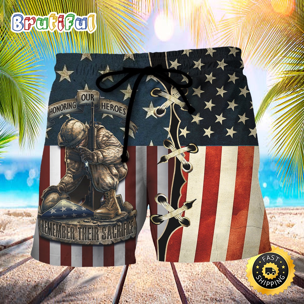 America Honoring Our Heroes Remember Their Sacrifice Independence Day Beach Short r5y0wj