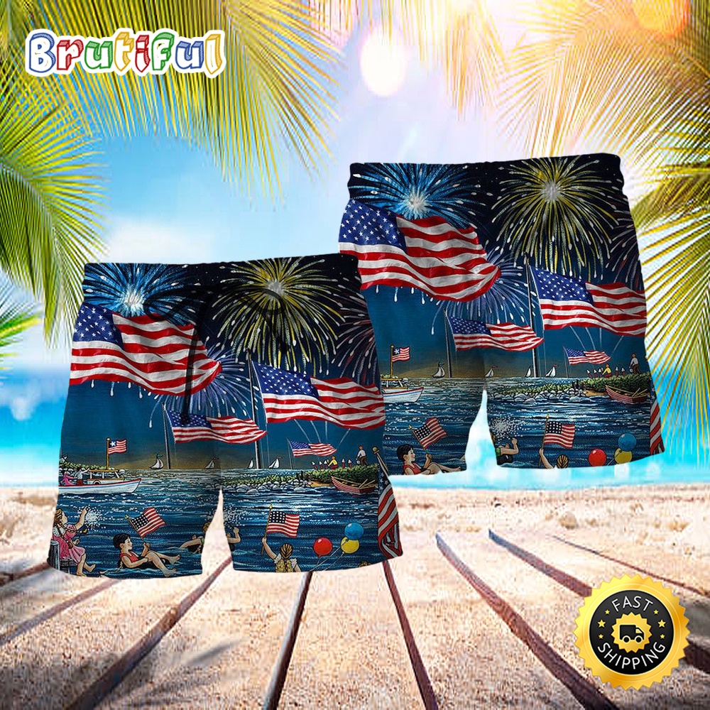 America Independence Day Fun Day Firework Hawaiian Beach Short r0wuia