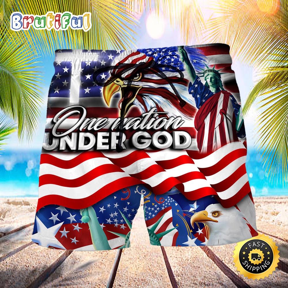 America Independence Day US One Nation Under God Independence Day Beach Short xam6sn