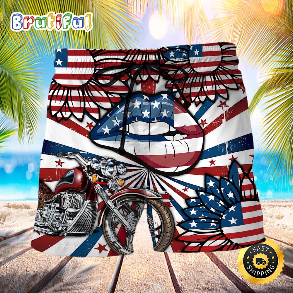 America Patriotic Motocycle Sexy Lips Independence Day Beach Short hbdgvw