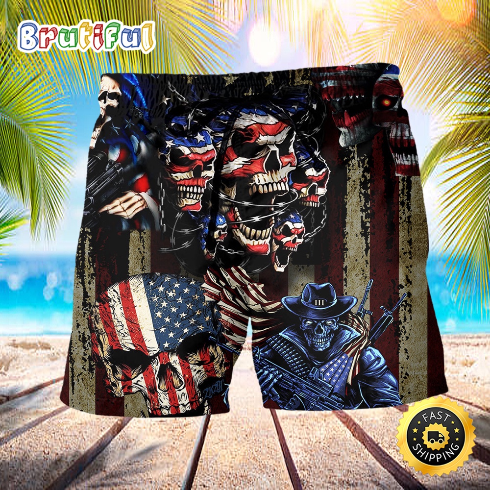America Skull Angry Sunning Independence Day Beach Short agsilj