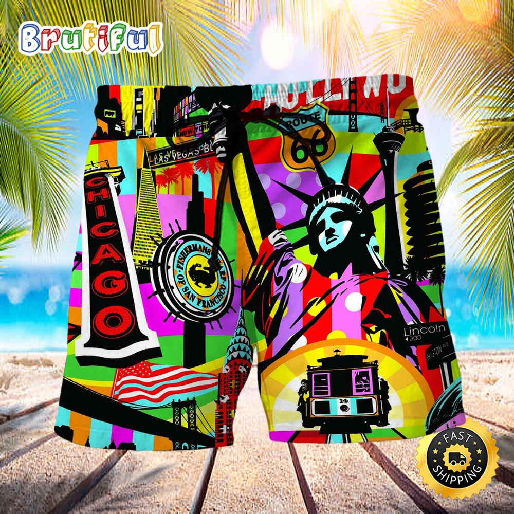 America Travel Colorful Style Independence Day Beach Short dz3nvd