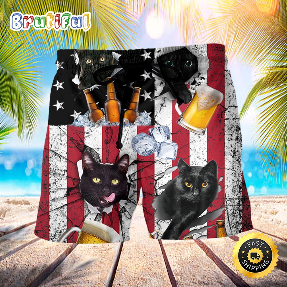Beer And Black Cat American Flag Vintage Beach Short otrbmt